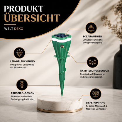 Übersicht der wichtigsten Funktionen des Solar-Maulwurfvertreibers für den Garten.