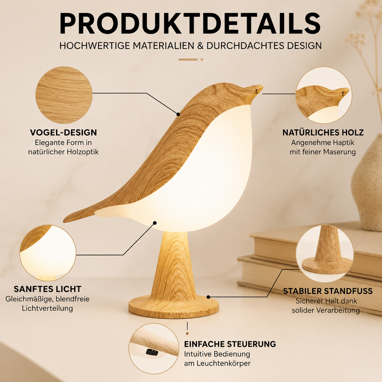 Übersicht der wichtigsten Produktdetails der dekorativen Vogel-Holzlampe mit hochwertiger Verarbeitung.