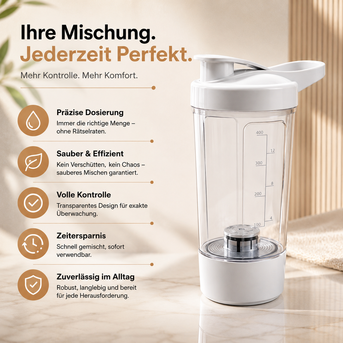 Übersicht der technischen Daten und Maße des elektrischen Shakerbechers