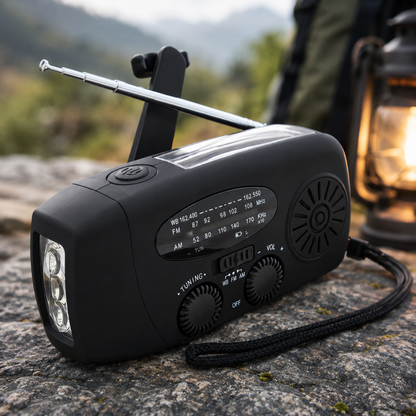 Rückansicht des Solar-Notfallradios mit Anschlüssen, Lautsprecher und Antenne