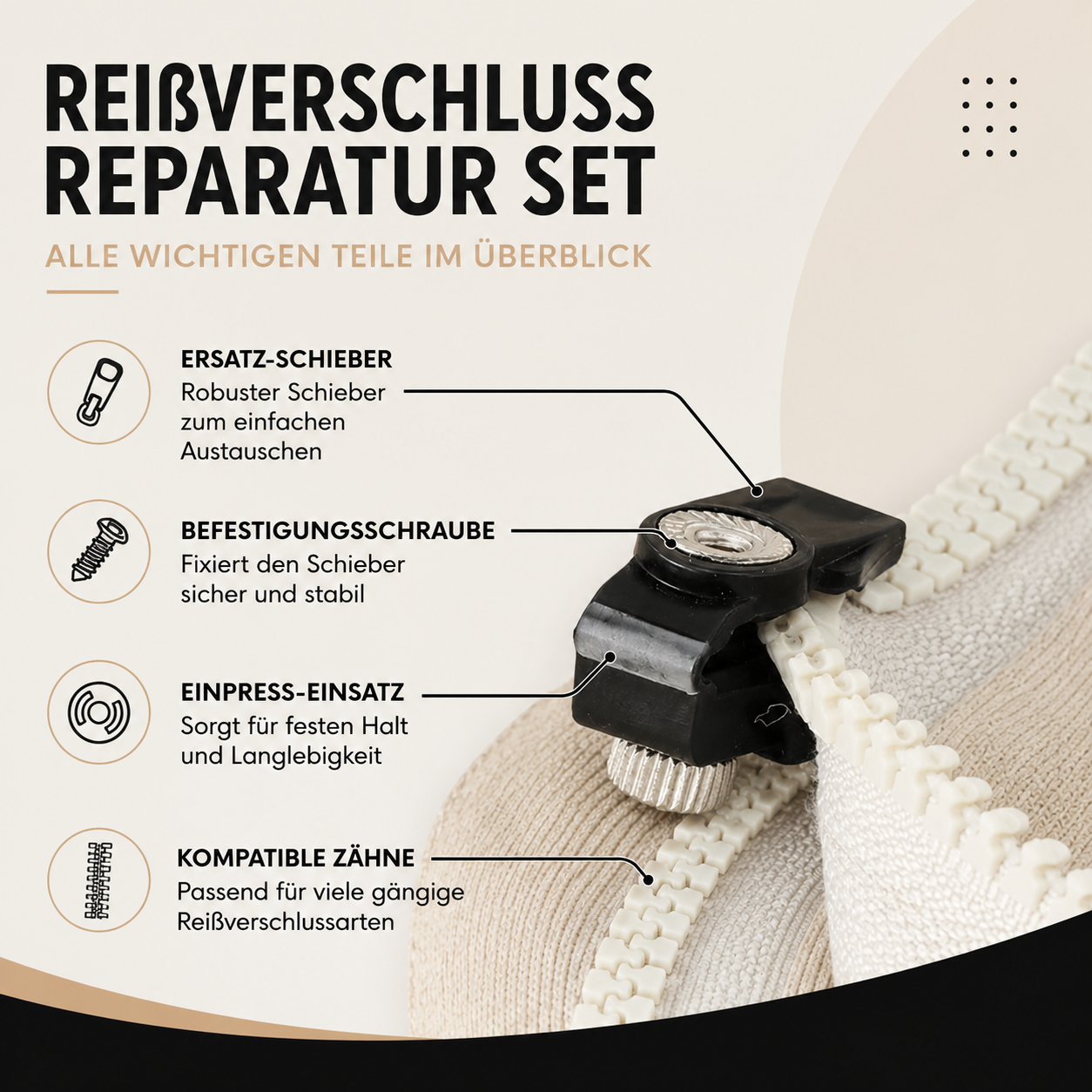 Alle wichtigen Komponenten auf einen Blick. Robuste Ersatzteile für eine schnelle, sichere und langlebige Reparatur verschiedener Reißverschlüsse.