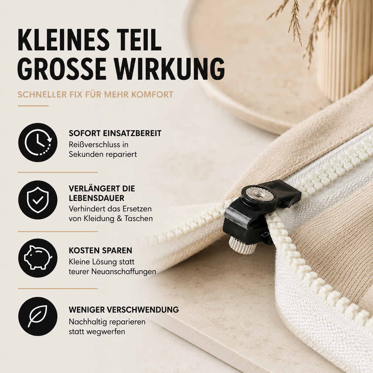 Die schnelle und kostengünstige Lösung für defekte Reißverschlüsse. Einfach befestigen, sofort einsatzbereit und nachhaltig statt neu kaufen.