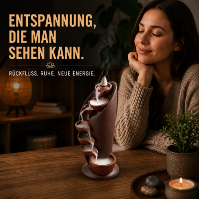 Ceramic waterfall incense burner creating a peaceful atmosphere in a cozy indoor setting.