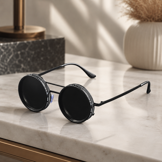 Schwarze runde Retro-Sonnenbrille mit Metallrahmen auf einem Tisch