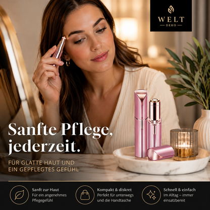Lifestyle-Bild mit dem elektrischen Gesichtshaarentferner in der täglichen Anwendung. Zeigt die sanfte, präzise Haarentfernung und das elegante, kompakte Design für eine gepflegte Ausstrahlung – jederzeit und überall.