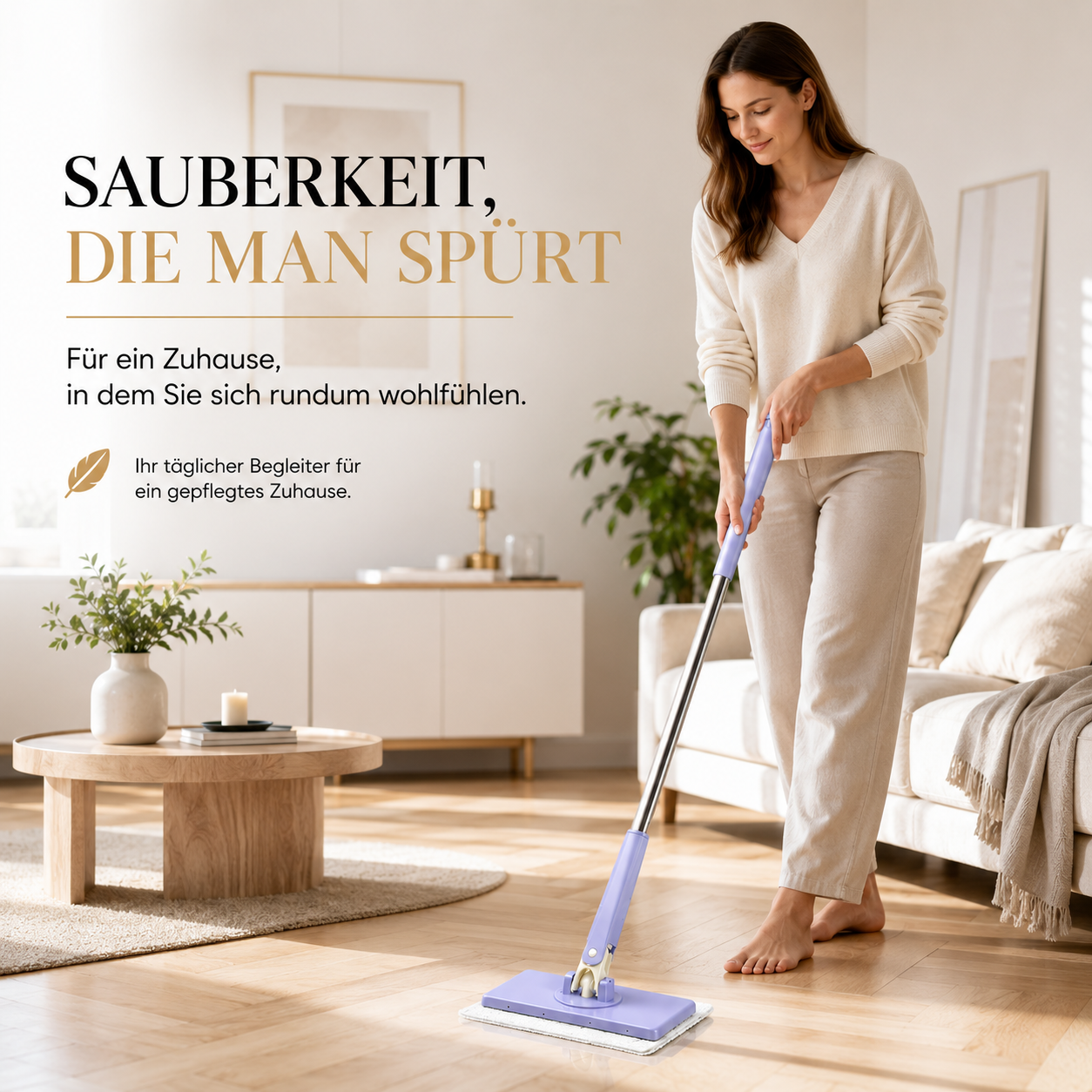 Erleben Sie das angenehme Gefühl frisch gereinigter Böden – jeden Tag. Der ergonomische Flachwischer ermöglicht eine mühelose Reinigung und sorgt für ein sauberes, gepflegtes Zuhause mit minimalem Aufwand und maximalem Komfort.