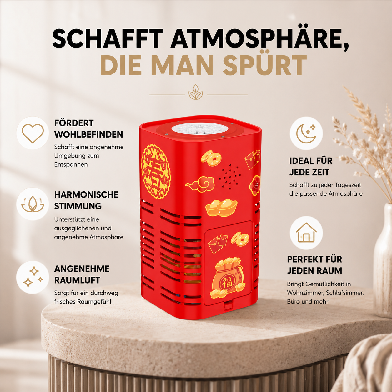Infografik der LED-Laterne mit Vorteilen wie warmem Licht und dekorativem Flammeneffekt.