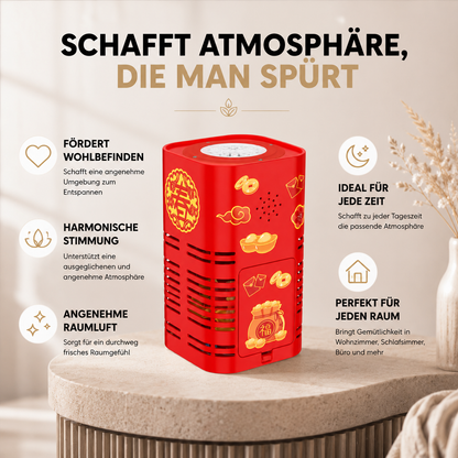 Infografik der LED-Laterne mit Vorteilen wie warmem Licht und dekorativem Flammeneffekt.