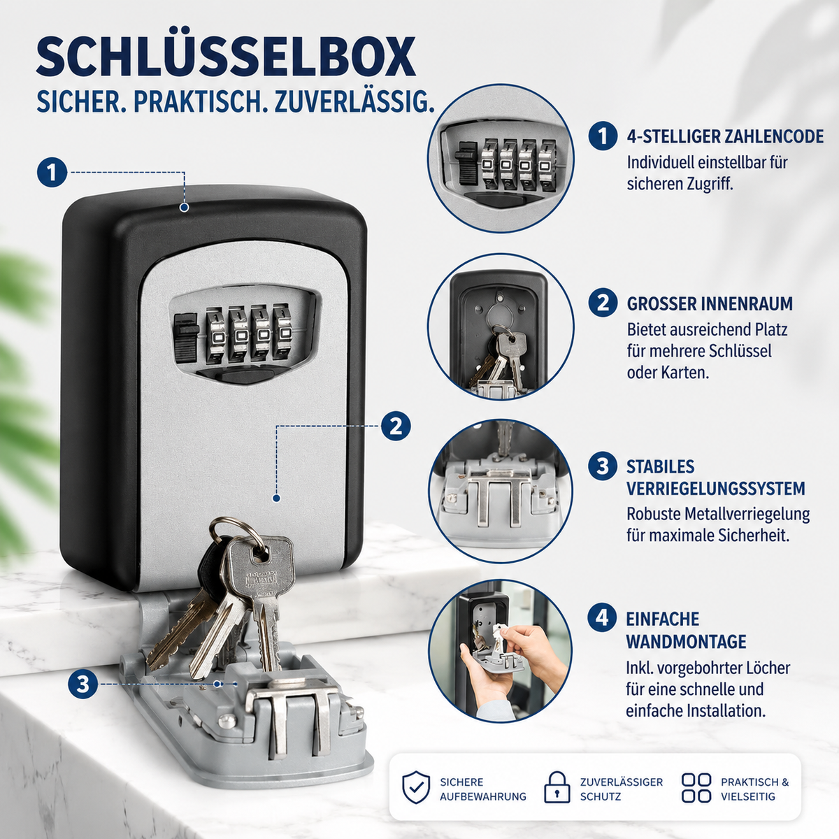 Infografik mit den wichtigsten Funktionen des Schlüsselsafes, einschließlich Zahlencode, robuster Konstruktion und einfacher Wandmontage.