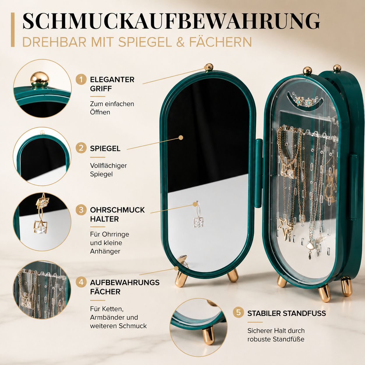 Der drehbare Schmuckorganizer bietet einen integrierten Spiegel, praktische Halterungen für Ketten, Ohrringe und Ringe sowie ein geräumiges Aufbewahrungsfach. Die stabilen Standfüße sorgen für sicheren Halt und machen ihn zu einer eleganten Lösung für Ihre Schmucksammlung.