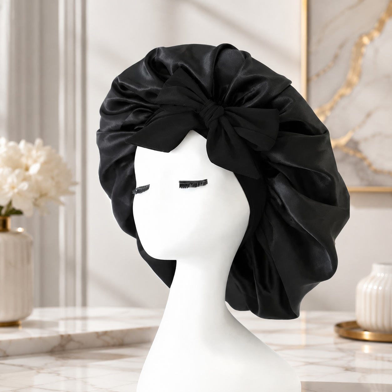 Elegante schwarze Satin-Schlafhaube mit dekorativer Schleife für stilvollen Schutz während der Nacht.