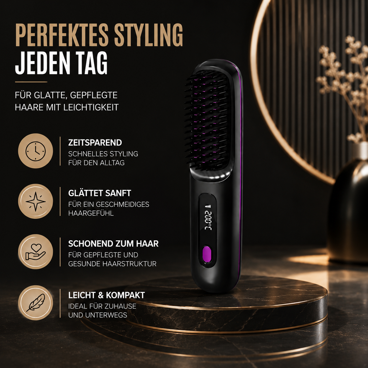 Genießen Sie glattes, geschmeidiges und gesund aussehendes Haar mit dieser kabellosen, elektrischen Haarglättungsbürste mit Heizfunktion. Entwickelt für schnelles und müheloses Styling.