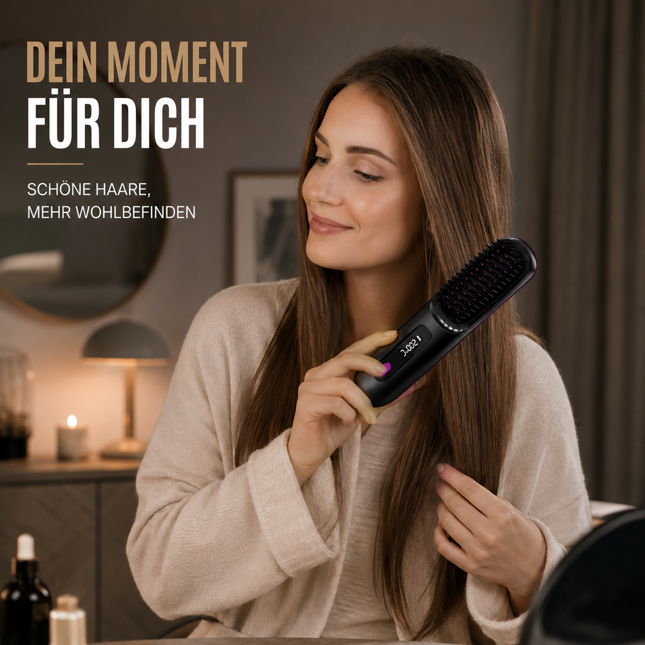 Diese beheizbare Glättungsbürste vereint den Komfort einer Haarbürste mit der Leistung eines Stylinggeräts. Einfach durch trockenes Haar bürsten, um die Haarsträhnen zu glätten, Frizz zu reduzieren und ein natürlich glattes, gesund aussehendes Finish zu erzielen.