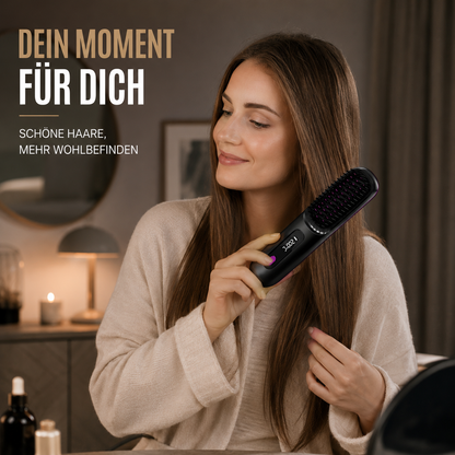 Diese beheizbare Glättungsbürste vereint den Komfort einer Haarbürste mit der Leistung eines Stylinggeräts. Einfach durch trockenes Haar bürsten, um die Haarsträhnen zu glätten, Frizz zu reduzieren und ein natürlich glattes, gesund aussehendes Finish zu erzielen.