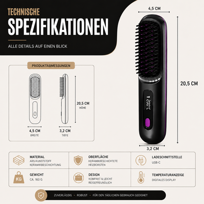 Diese kabellose, elektrisch beheizte Haarglättungsbürste wurde für den täglichen Komfort entwickelt und kombiniert ein kompaktes, leichtes Design mit fortschrittlicher Keramik-Heiztechnologie, um Ihnen überall ein glattes, vom Salon inspiriertes Styling zu ermöglichen.