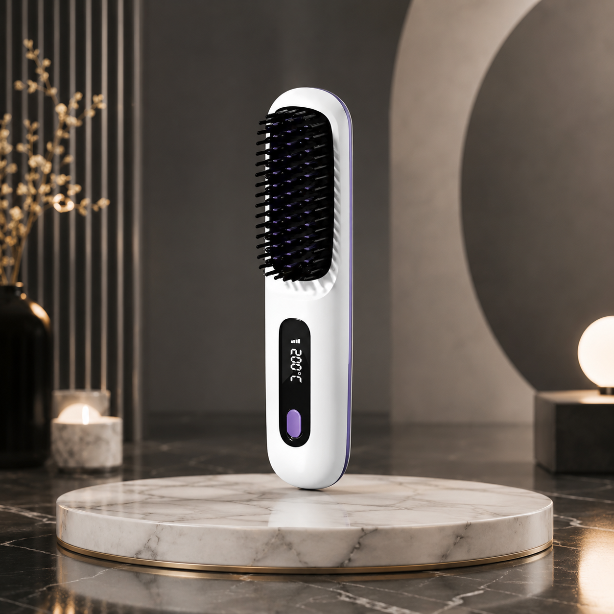 Die kabellose elektrische beheizbare Haarglättungsbürste – White Edition vereint elegantes Design mit praktischer Funktionalität und ermöglicht es Ihnen, überall glattes, glänzendes Haar zu erzielen.