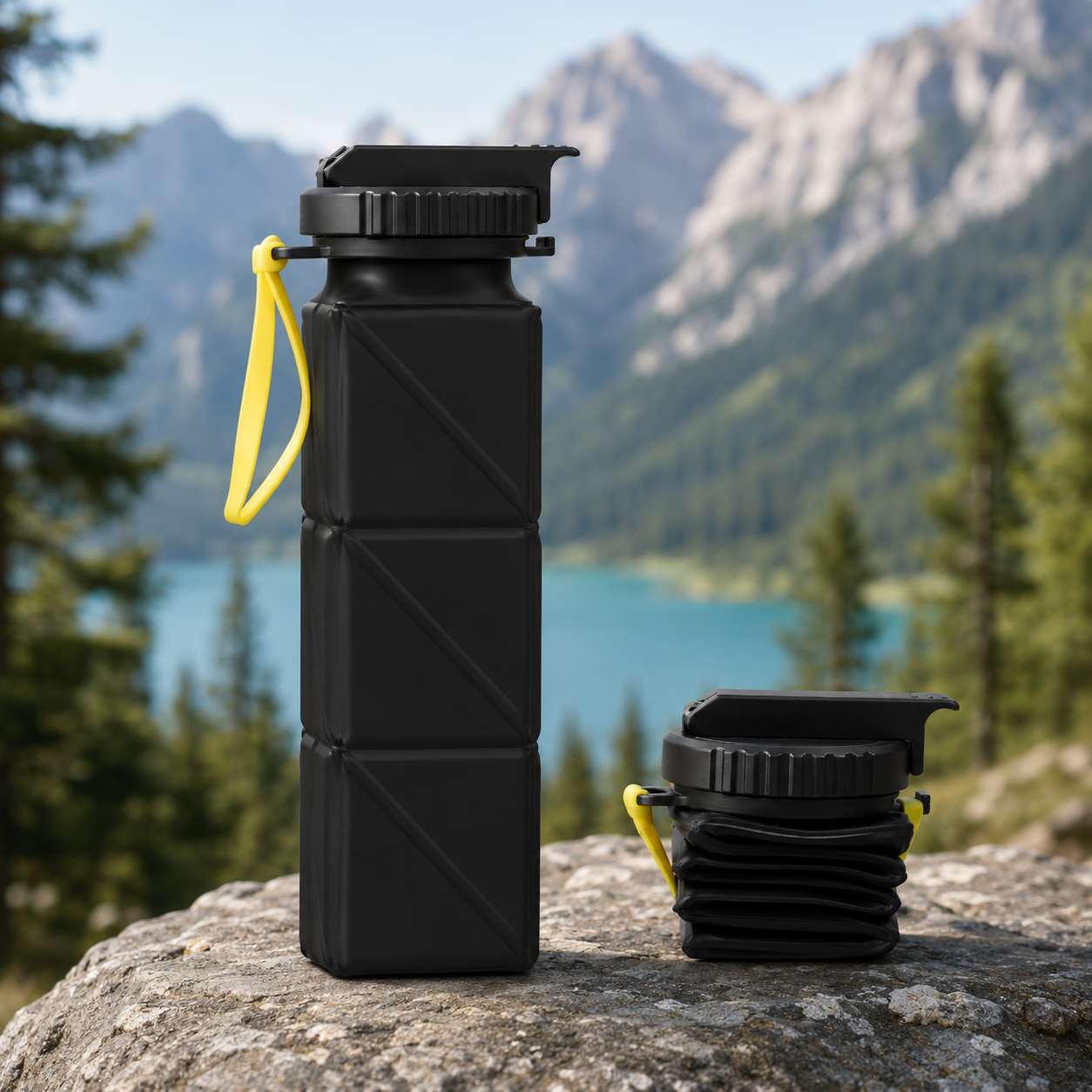 Schwarze faltbare Silikon-Trinkflasche auf einem Felsen in einer Berglandschaft.