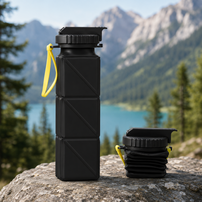 Schwarze faltbare Silikon-Trinkflasche auf einem Felsen in einer Berglandschaft.