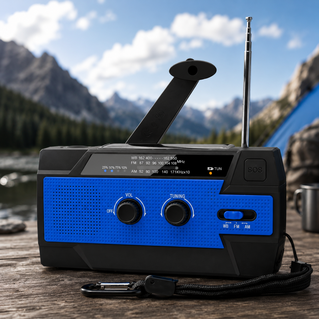 Blaues tragbares Solar-Notfallradio mit Kurbel, Antenne und LED-Taschenlampe