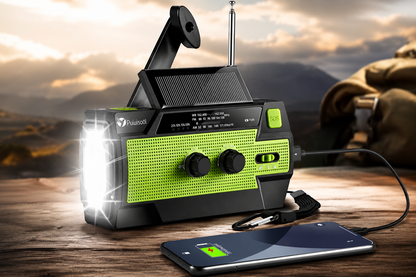 Grünes Solar-Notfallradio mit Kurbel, Solarpanel und LED-Lampe im Outdoor-Einsatz