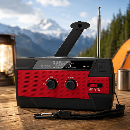 Rotes tragbares Solar-Notfallradio mit Kurbelgenerator, Antenne und integriertem Licht