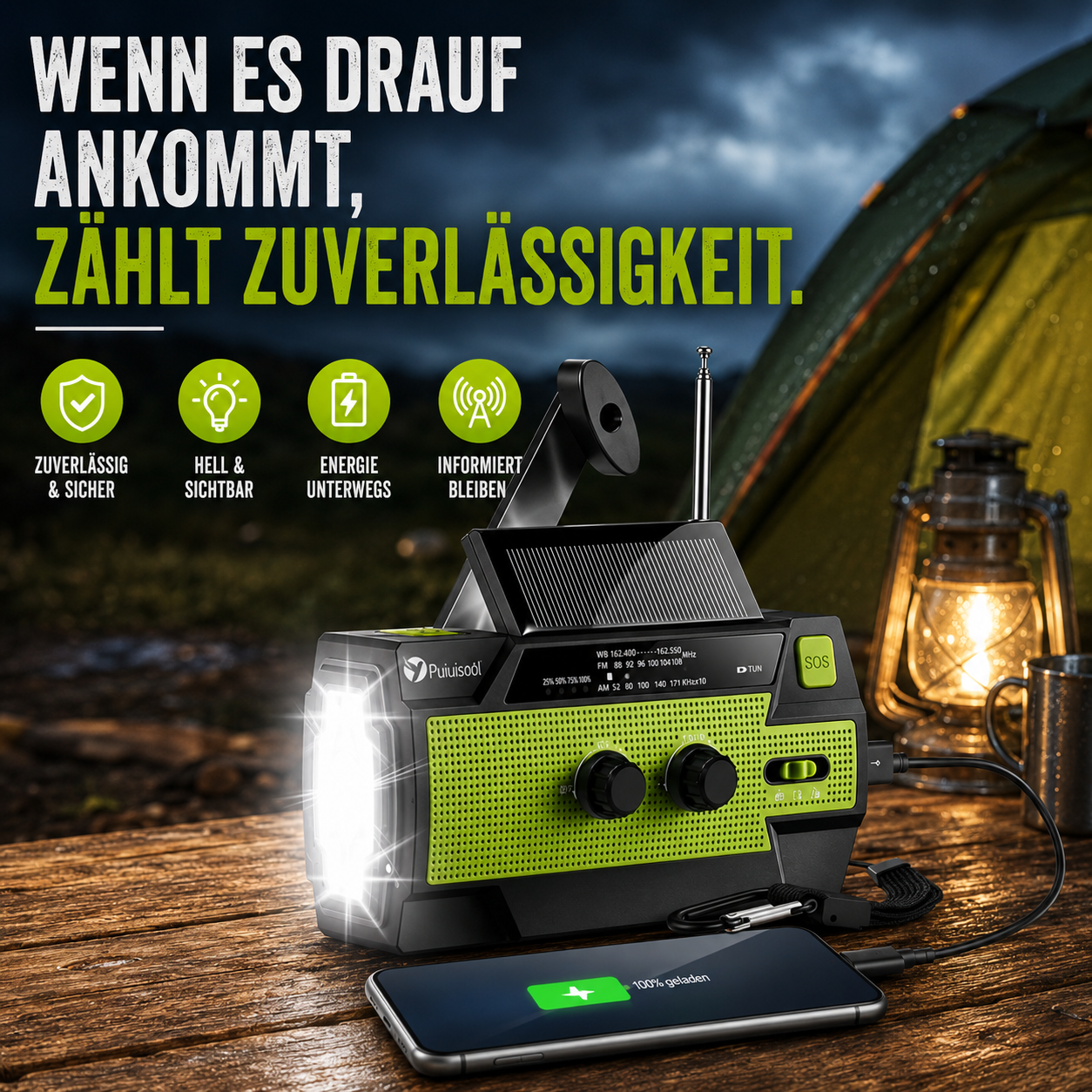 Infografik zum Solar-Notfallradio mit Kurbelgenerator, Taschenlampe, Radio und Powerbank für Notfälle