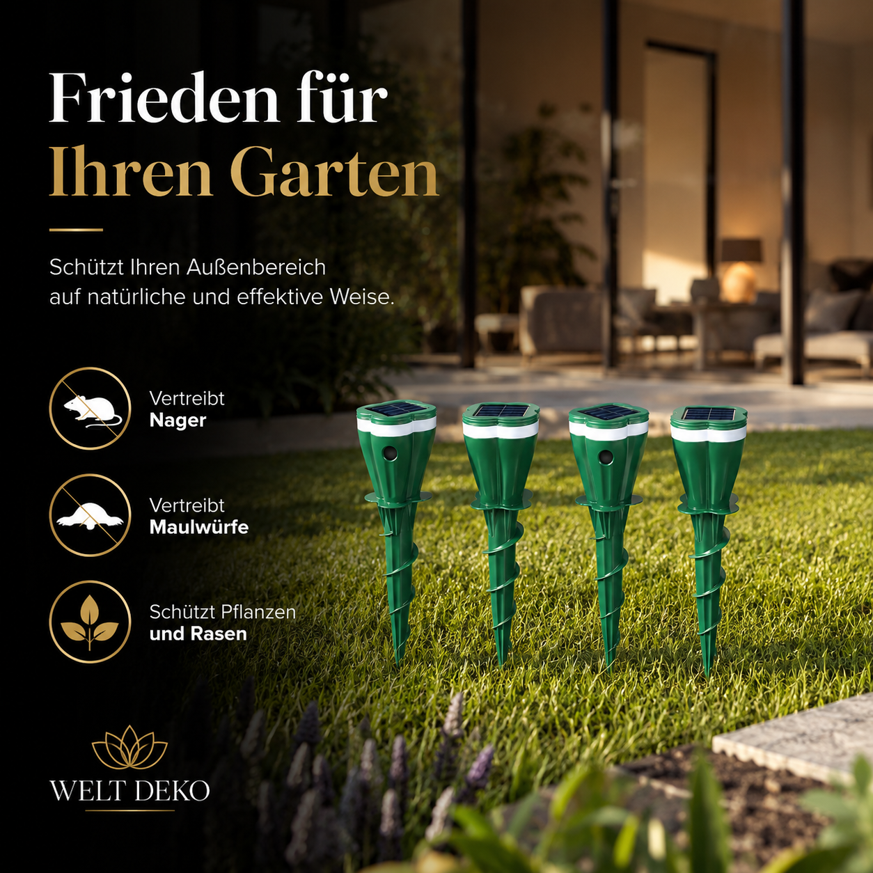 Solarbetriebene Maulwurfvertreiber schützen Rasen und Pflanzen auf natürliche Weise.