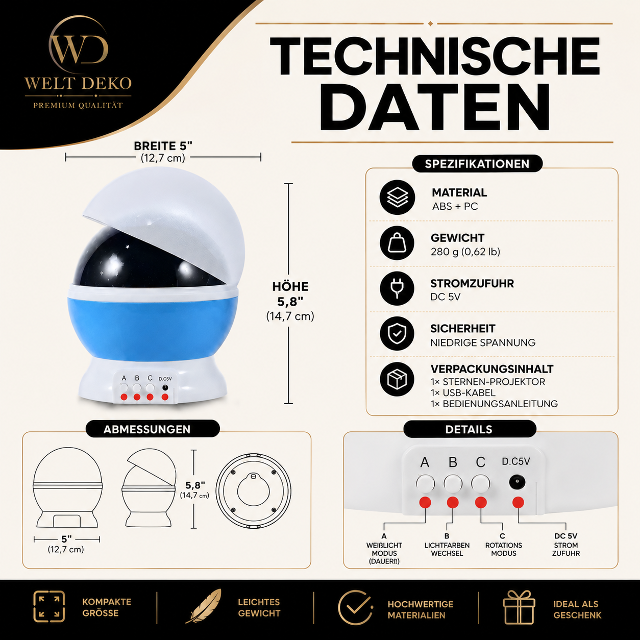 Übersicht der technischen Daten mit Abmessungen, Material, Stromversorgung und Lieferumfang des Sternenprojektors.