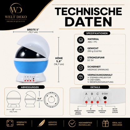 Übersicht der technischen Daten mit Abmessungen, Material, Stromversorgung und Lieferumfang des Sternenprojektors.