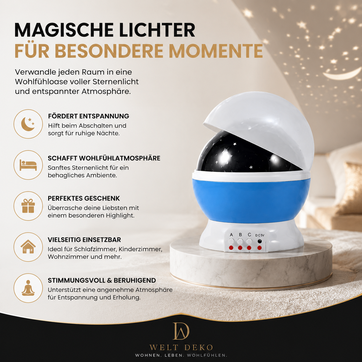 Stimmungsvoller Sternenprojektor mit sanfter LED-Projektion für eine gemütliche und beruhigende Atmosphäre im Schlaf- oder Kinderzimmer.