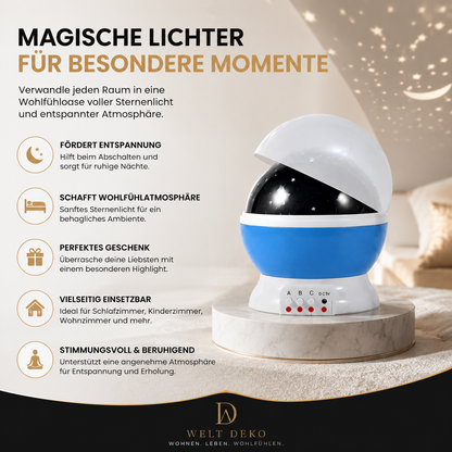 Stimmungsvoller Sternenprojektor mit sanfter LED-Projektion für eine gemütliche und beruhigende Atmosphäre im Schlaf- oder Kinderzimmer.