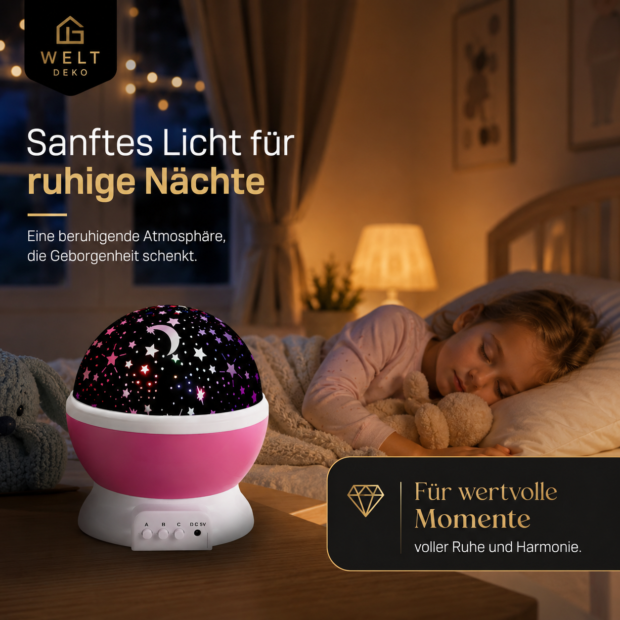 Sanftes Sternenlicht schafft eine beruhigende Atmosphäre und sorgt für entspannte Momente im Kinder- oder Schlafzimmer.