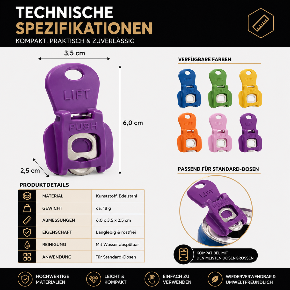 Technische Spezifikationen und Produktinformationen zum Dosenöffner