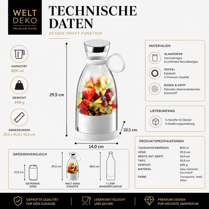 Diese Infografik präsentiert die wichtigsten technischen Daten und Produkteigenschaften der stilvollen Infused-Trinkflasche. Mit einem Fassungsvermögen von 800 ml, einer Höhe von 29,5 cm, einer Breite von 14,0 cm und einem Gewicht von 640 g bietet sie die ideale Größe für den täglichen Gebrauch.