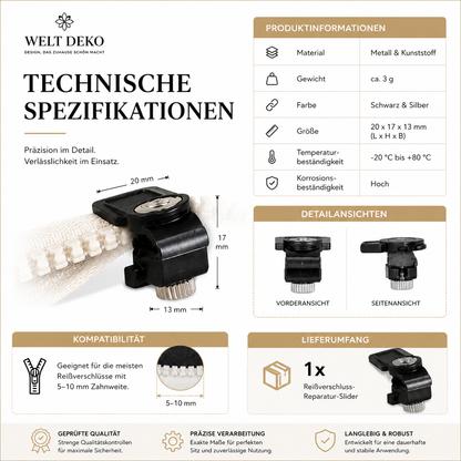 Alle technischen Details, Maße und Lieferumfang auf einen Blick. Passend für viele Reißverschlüsse und aus langlebigen Materialien für eine zuverlässige Nutzung.