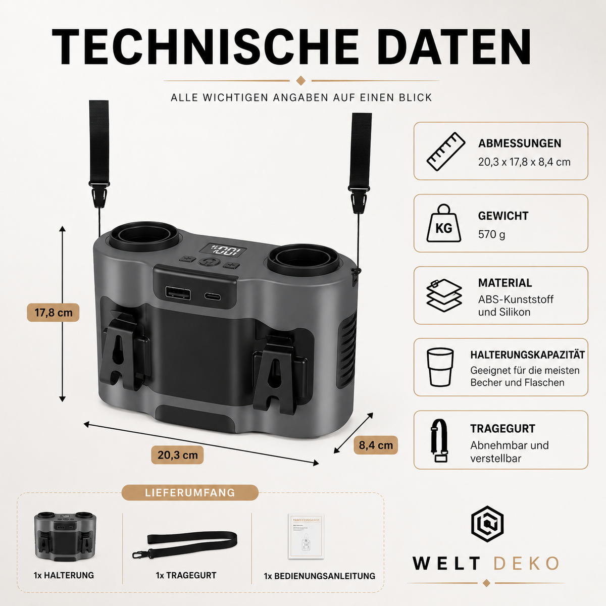 Technische Spezifikationen der elektrischen Luftpumpe mit Display und Zubehör
