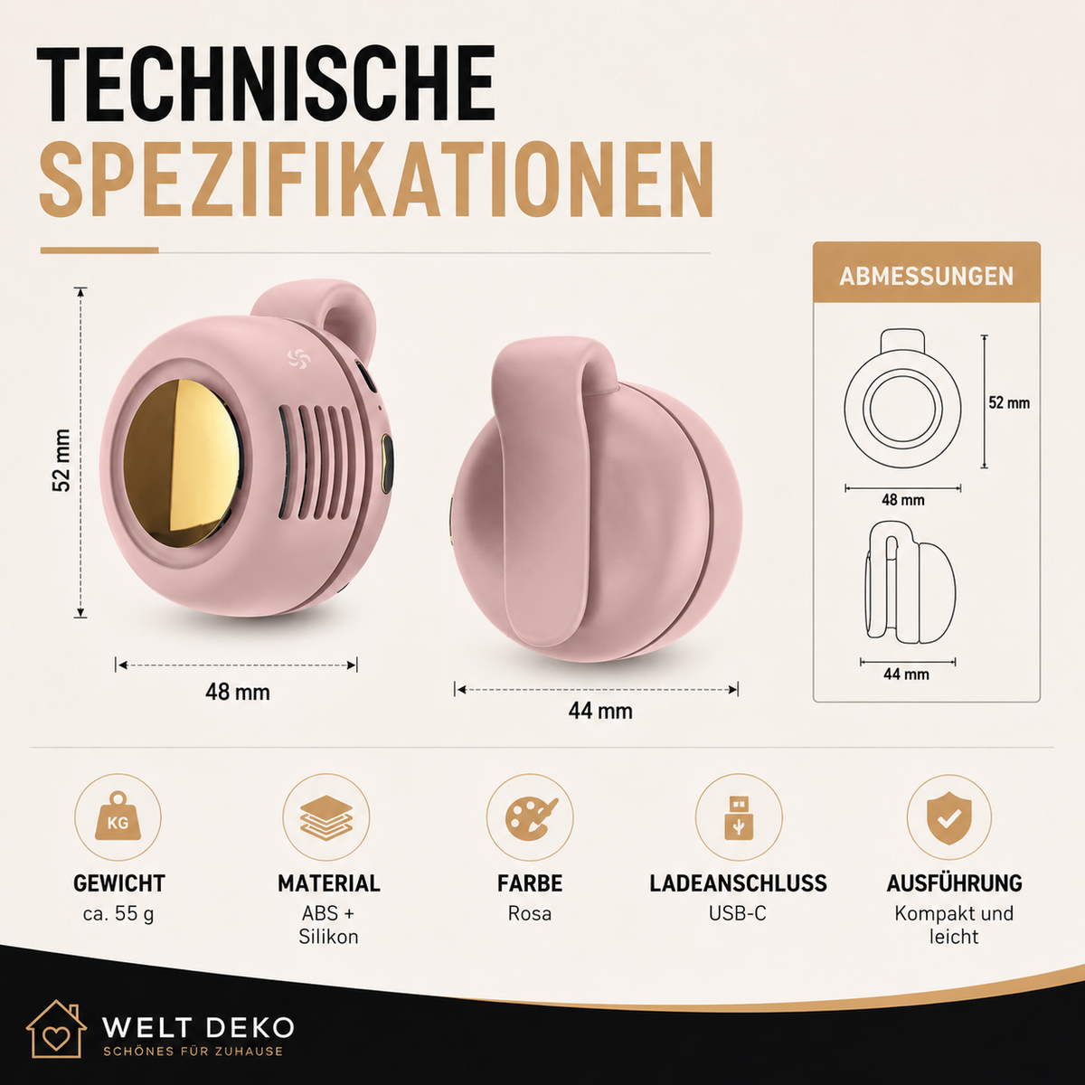 Technische Spezifikationen und Abmessungen des tragbaren Mini-Nackenventilators