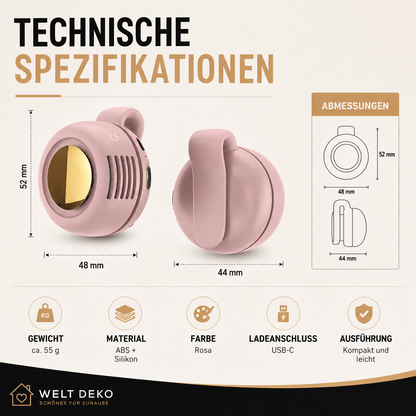 Technische Spezifikationen und Abmessungen des tragbaren Mini-Nackenventilators