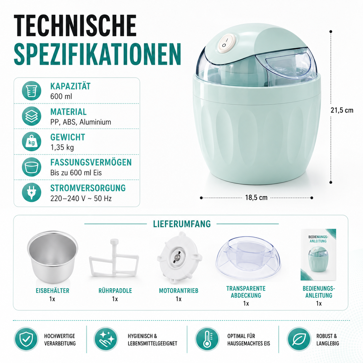 Infografik mit den technischen Spezifikationen, Abmessungen und dem Lieferumfang der 2-in-1 Mini Eiscreme-Maschine.