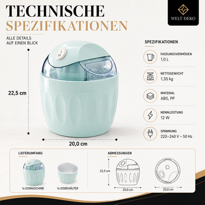 Technische Infografik der 2-in-1 Mini Eiscreme-Maschine mit Abmessungen, Material, Fassungsvermögen und Lieferumfang.