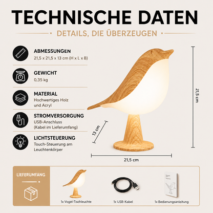 Technische Daten und Abmessungen der dekorativen Vogel-LED-Tischlampe im Überblick.