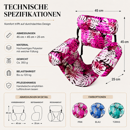 Übersicht der Maße, Materialien und Produktmerkmale des aufblasbaren Baby Schwimmsitzes mit Sonnendach.
