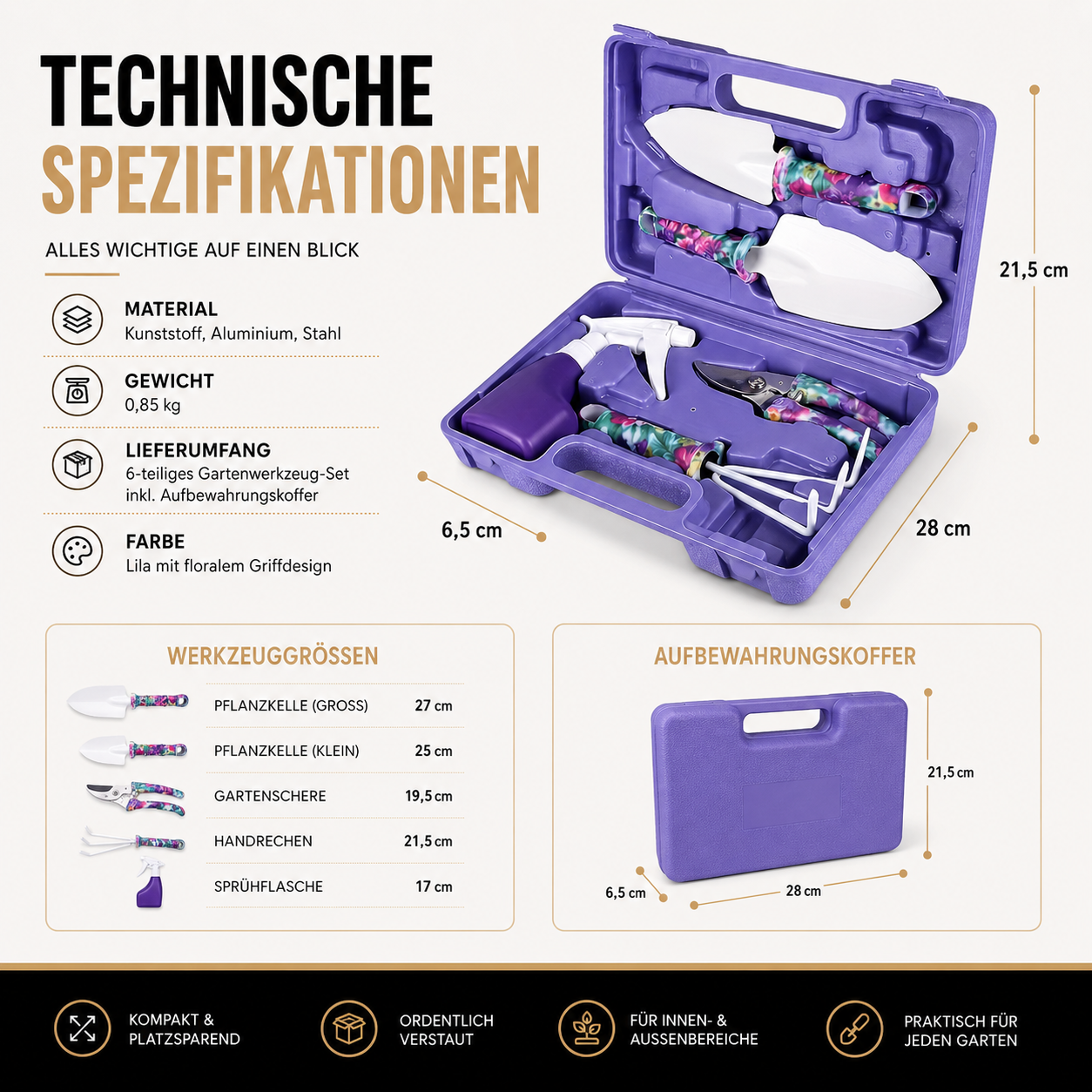 Übersicht der Werkzeuge und technischen Spezifikationen des Gartenwerkzeug-Sets.