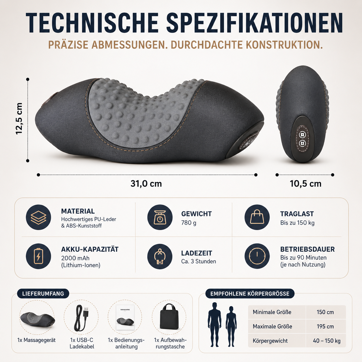 Übersicht der Maße, Materialien und Eigenschaften des ergonomischen Nackenstützkissens.