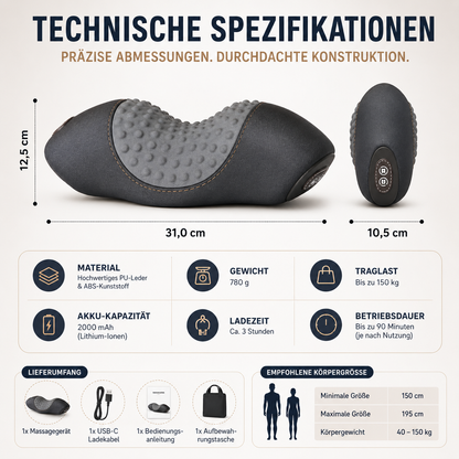 Übersicht der Maße, Materialien und Eigenschaften des ergonomischen Nackenstützkissens.