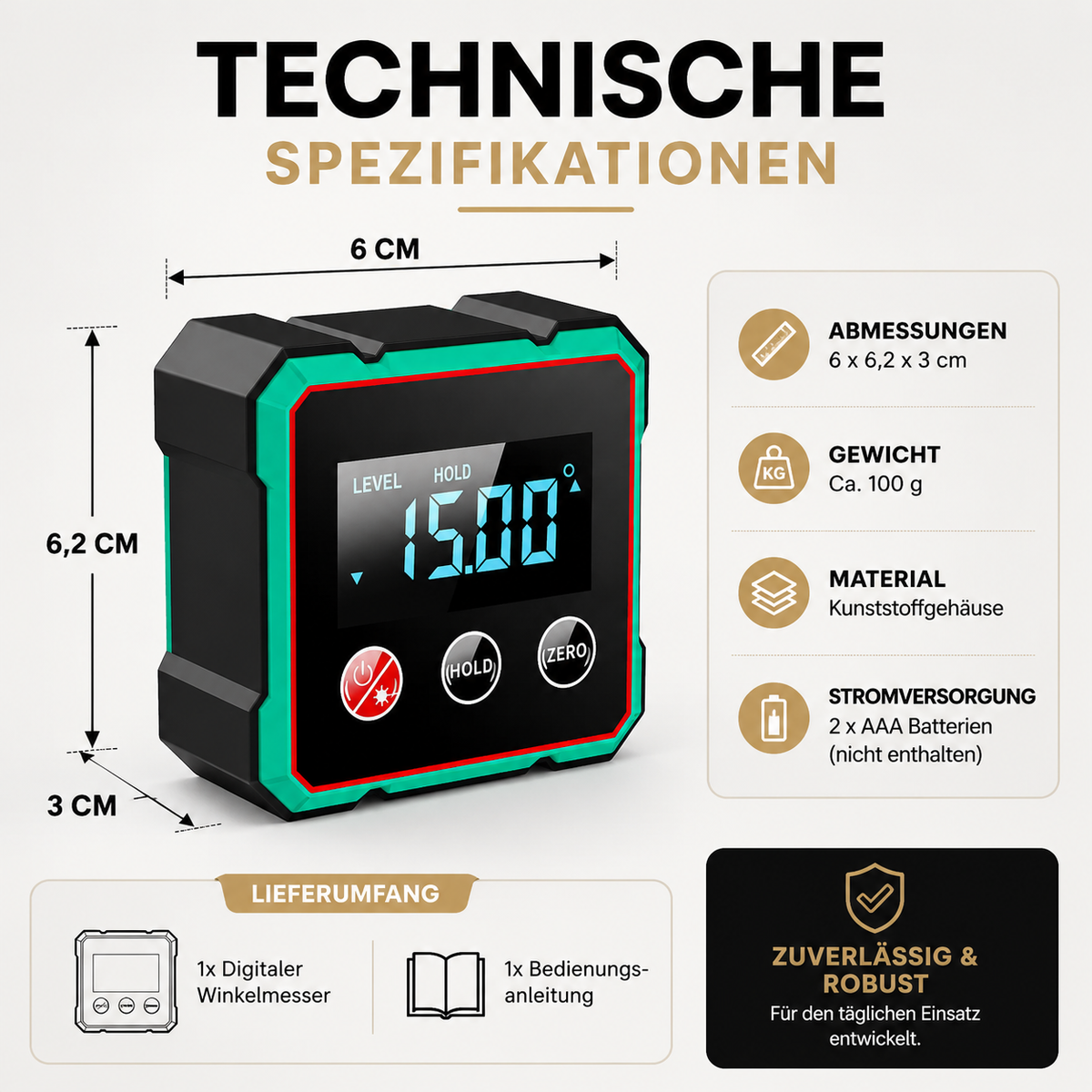 Technische Eigenschaften des digitalen Neigungsmessers mit LCD-Display