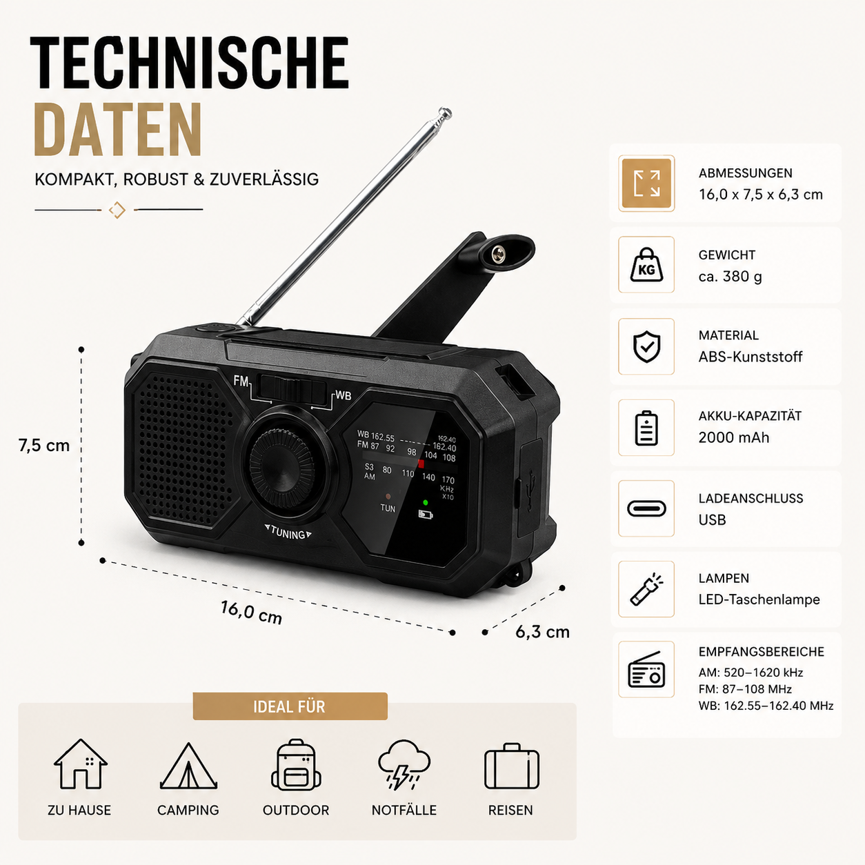 Infografik mit technischen Spezifikationen und Produktmaßen des Bluetooth-Radios.