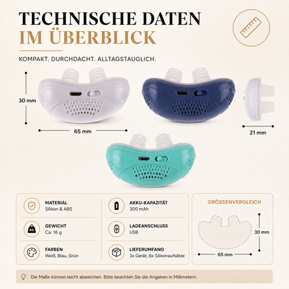 Dieses Bild bietet eine übersichtliche Darstellung der technischen Daten des elektrischen Nasenreinigers. Die drei Farbvarianten – Weiß, Dunkelblau und Mintgrün – werden zusammen mit den wichtigsten Abmessungen und Produktspezifikationen präsentiert. Dank seines kompakten Formats und des leichten Gewichts eignet sich das Gerät ideal für den täglichen Einsatz zu Hause oder auf Reisen.