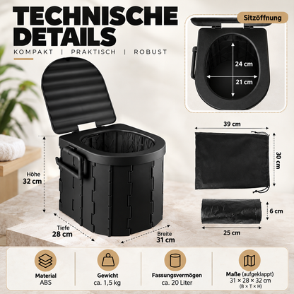 Technische Übersicht der faltbaren Campingtoilette mit Maßen, Material und Zubehör