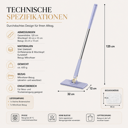 Alle wichtigen Produktdetails auf einen Blick: Der leichte Flachwischer mit robustem Edelstahlstiel, waschbarem Mikrofaserbezug und kompaktem Wischkopf ist für die Nass- und Trockenreinigung geeignet. Durch sein durchdachtes Design bietet er eine komfortable Handhabung und zuverlässige Reinigung im Alltag.